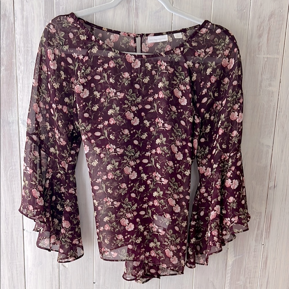 New York & Company Floral Sheer Bell Sleeve Top